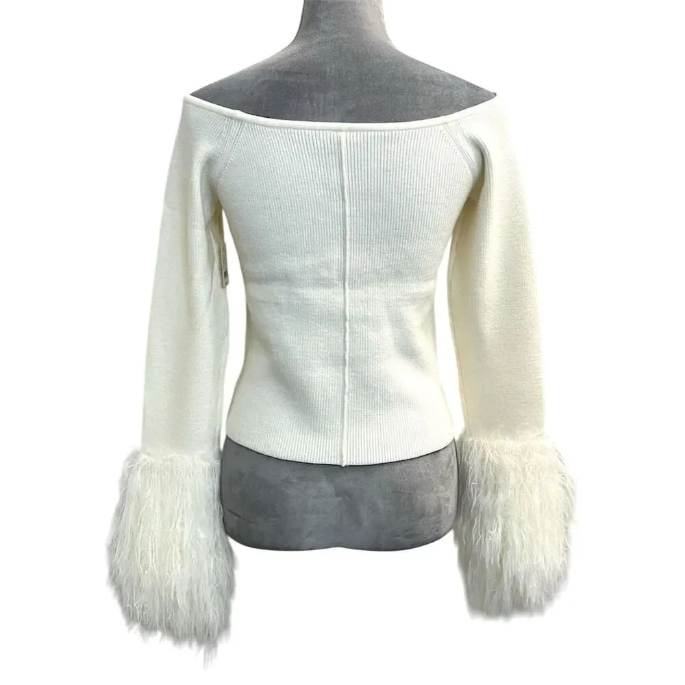 Free People Marilyn Pullover Ivory Sweater L Furry Cuffs Boho Hippie Fall Cozy